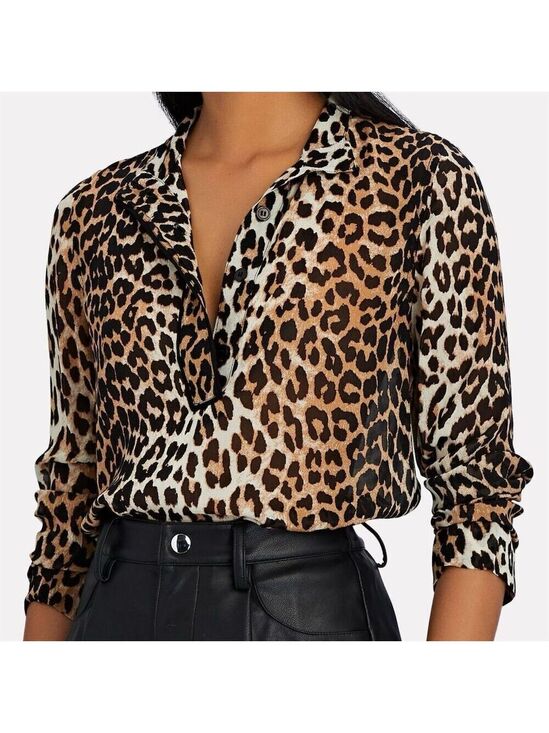 GANNI Tops - GANNI Women's Brown Leopard Print Georgette Blouse Size L Long Sleeve